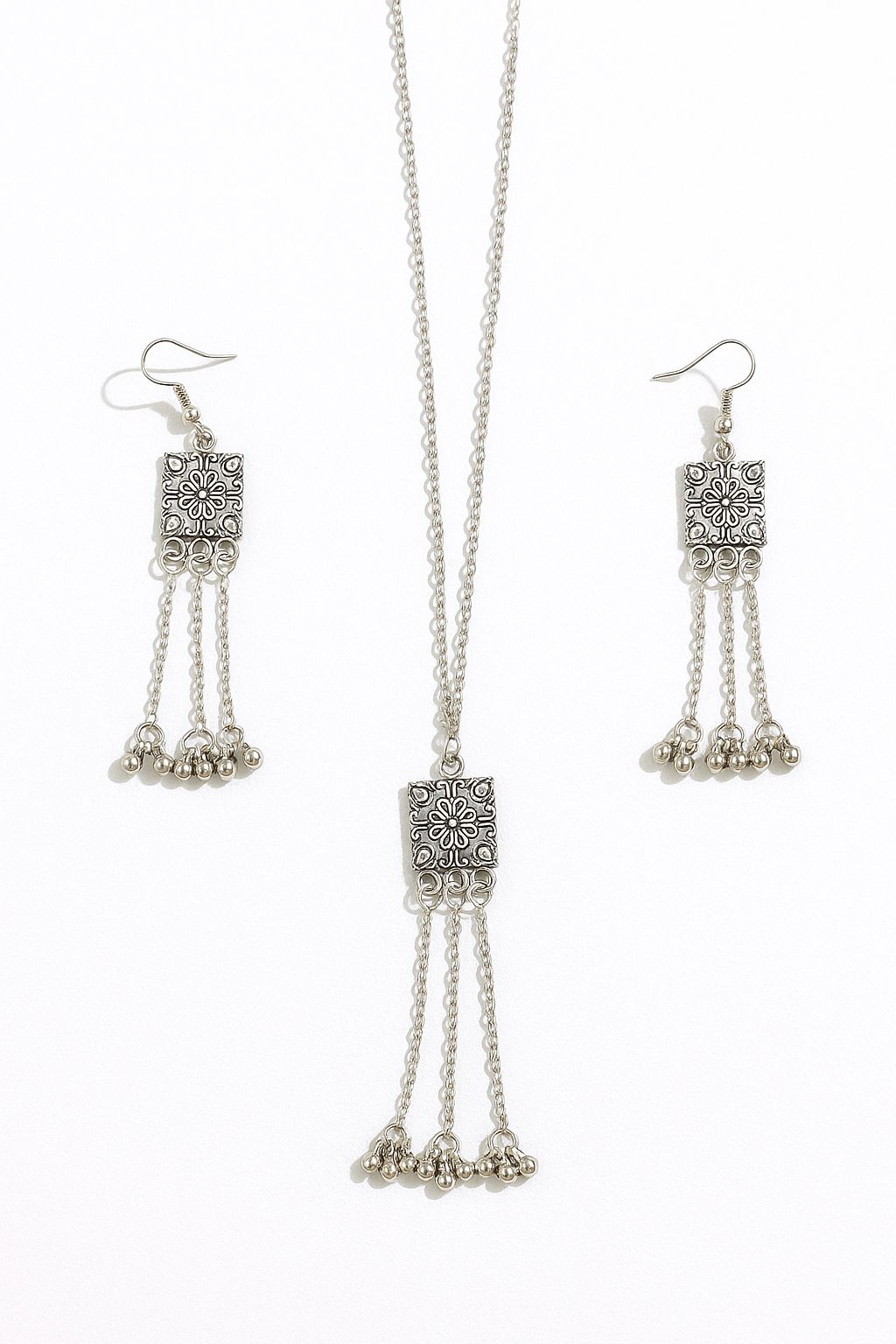 Square Charm Antique Oxidized Silver Necklace with Earrings