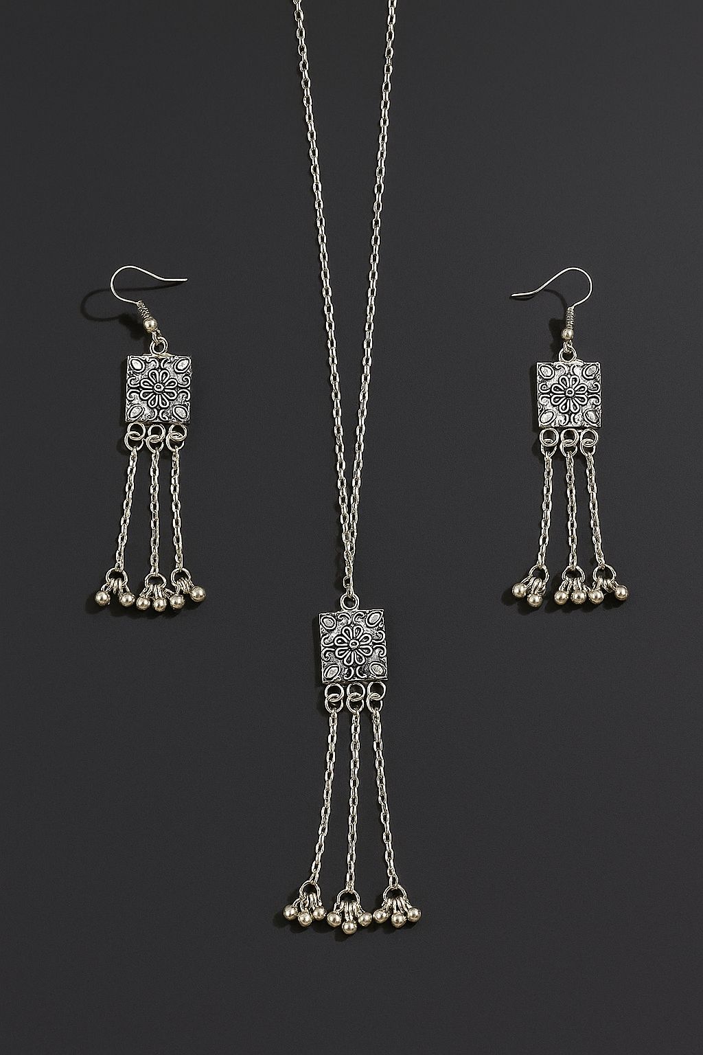 Square Charm Antique Oxidized Silver Necklace with Earrings
