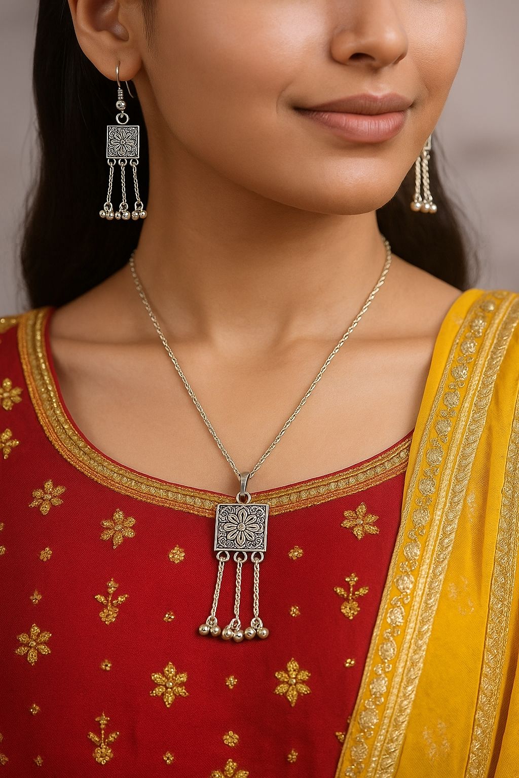 Square Charm Antique Oxidized Silver Necklace with Earrings