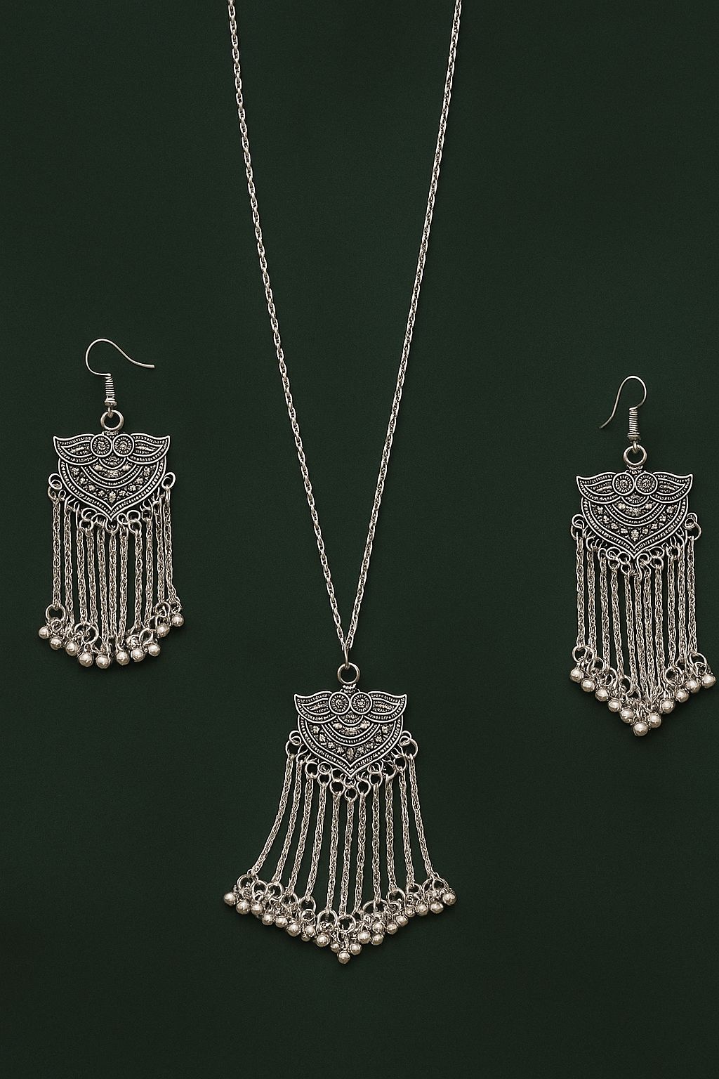 Royal Cascade Long Oxidized Necklace Set