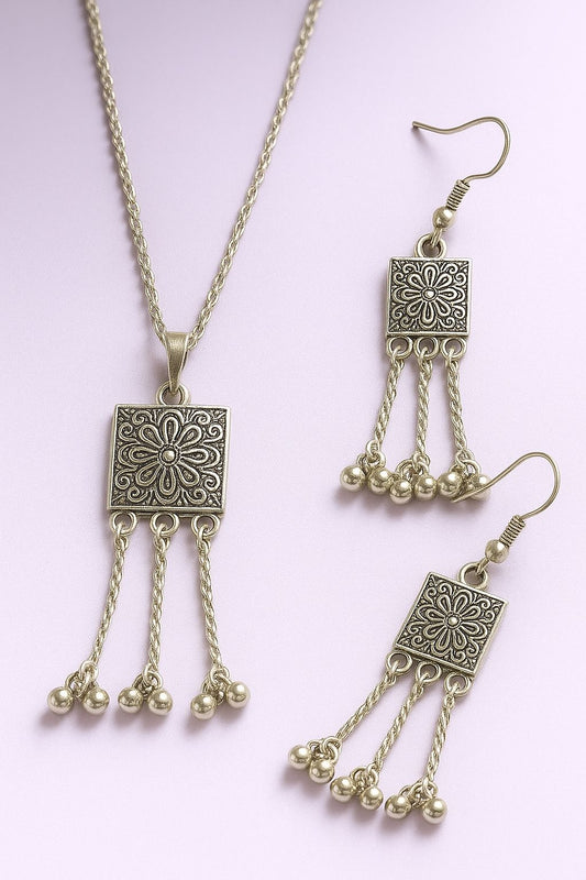Square Charm Antique Oxidized Silver Necklace with Earrings